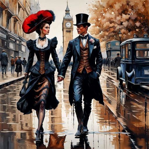 Victorian Couple in London: Ink Splash Art