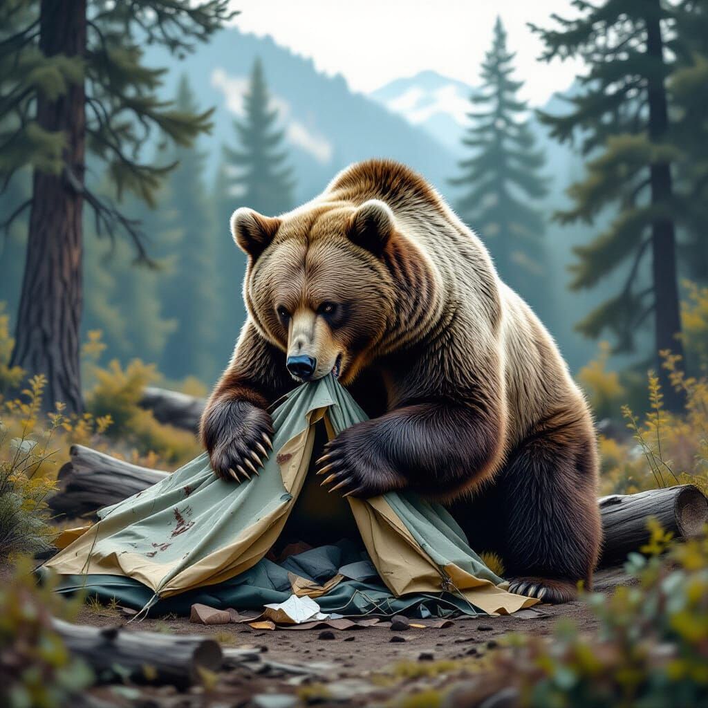 Grizzly Bear Eats Tent in Earthy Outdoor Art