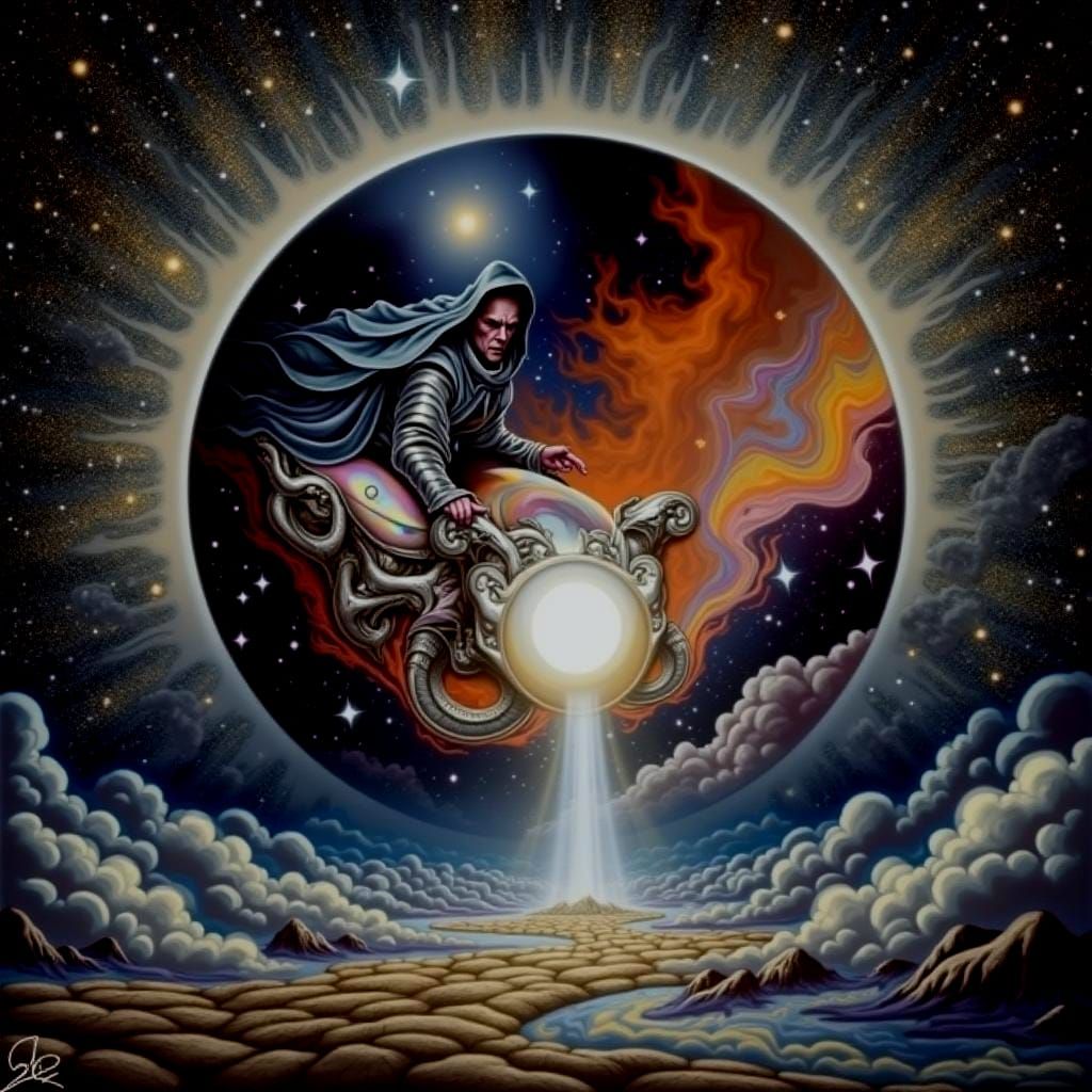 Wizard on Cyberpunk Motorcycle in Surrealist Style