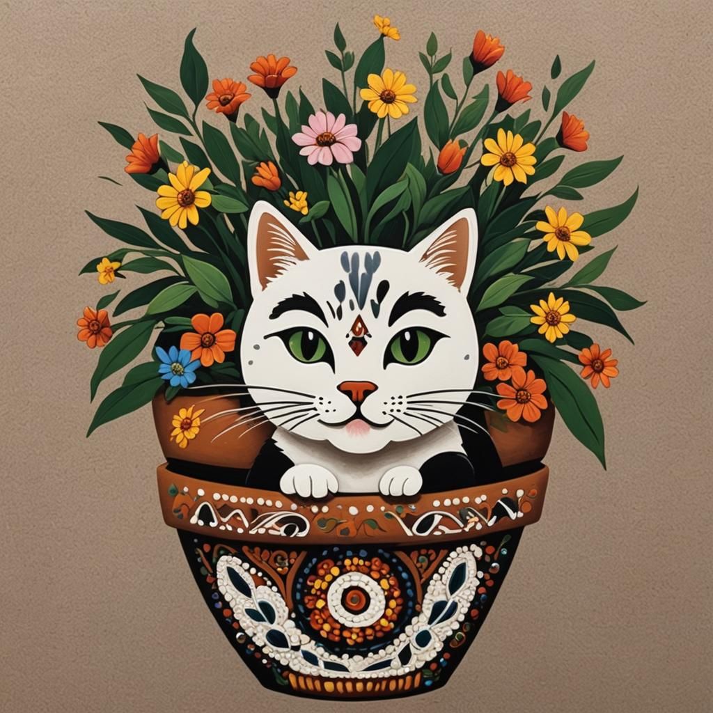 Cat in Flowerpot: Aboriginal Dot Painting