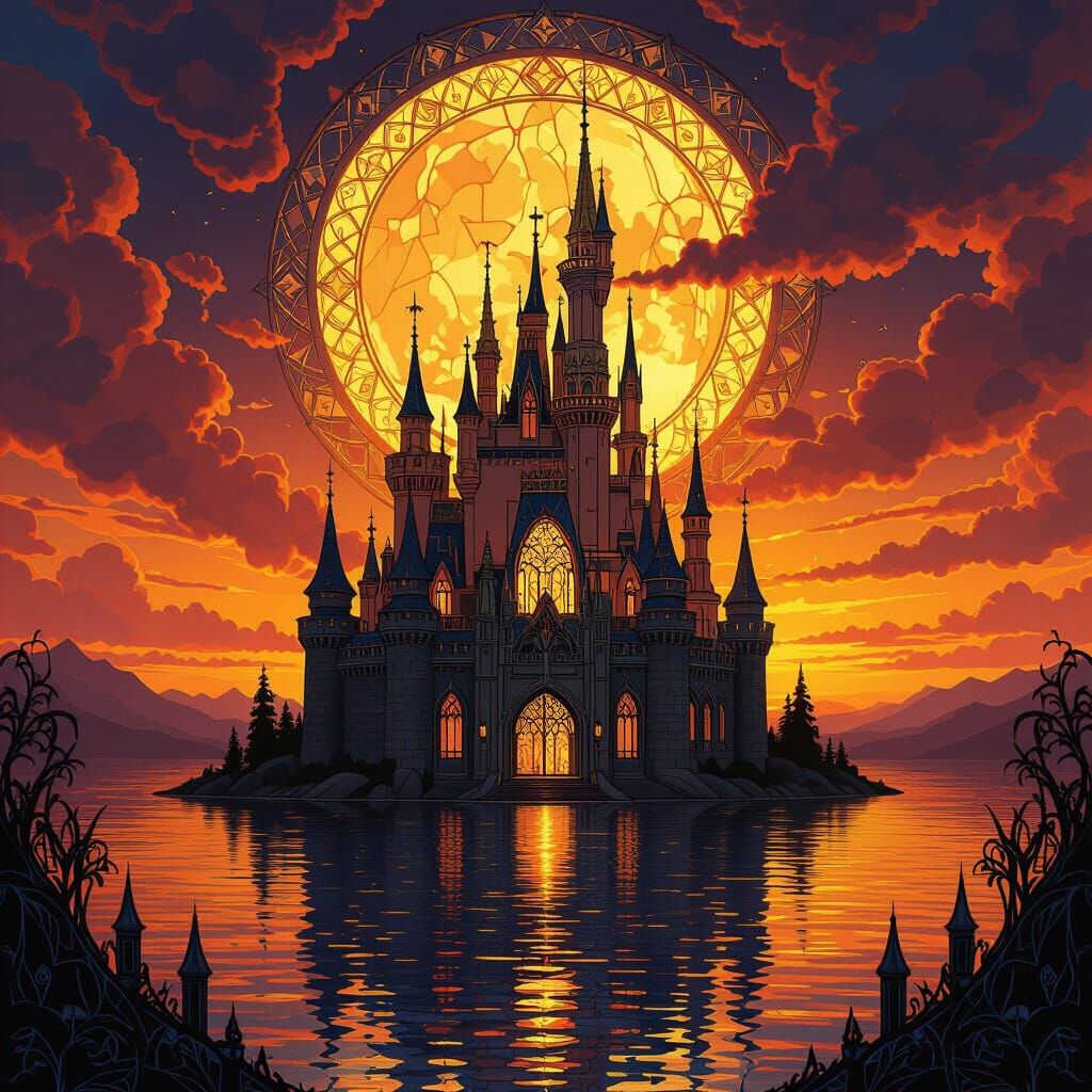 Fantasy Castle at Dawn in Stained Glass Style