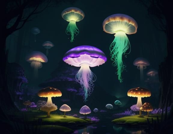Jellyfish in Toadstool Forest, Beatrix Potter Style