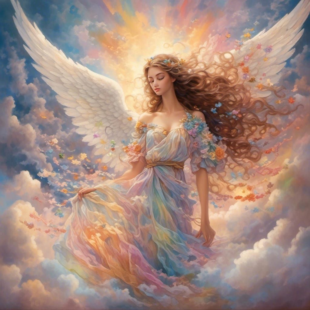 Radiant Angel Holding Rainbow in the Clouds
