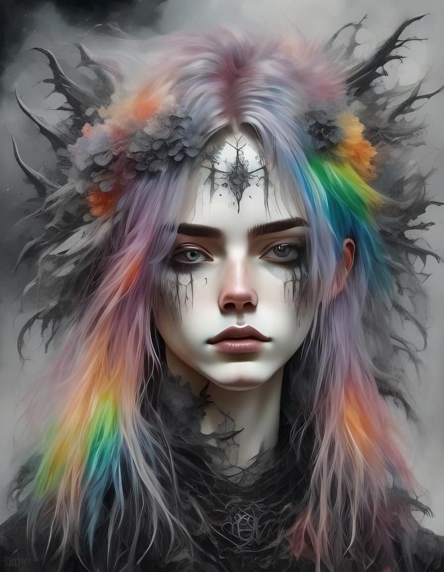 Gothic Punk Portrait with Rainbow Hair in Watercolour