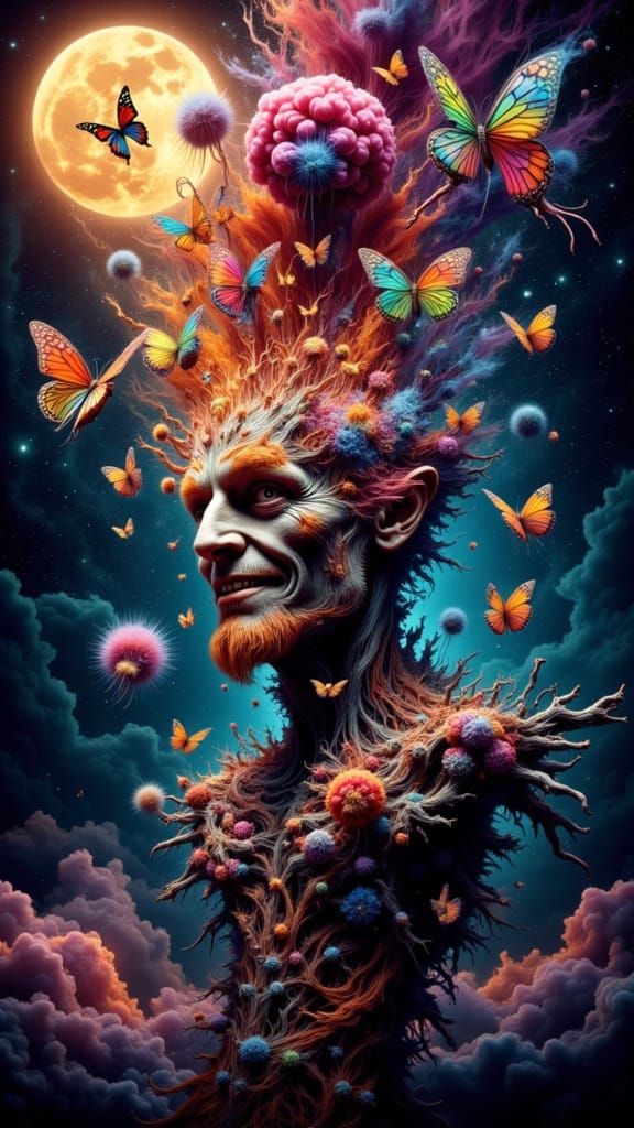Fractal Man's Face with Butterfly Wings and Eyes