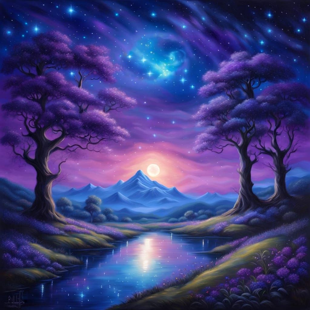 Vast Starry Sky in Fantasy Realism Oil Painting