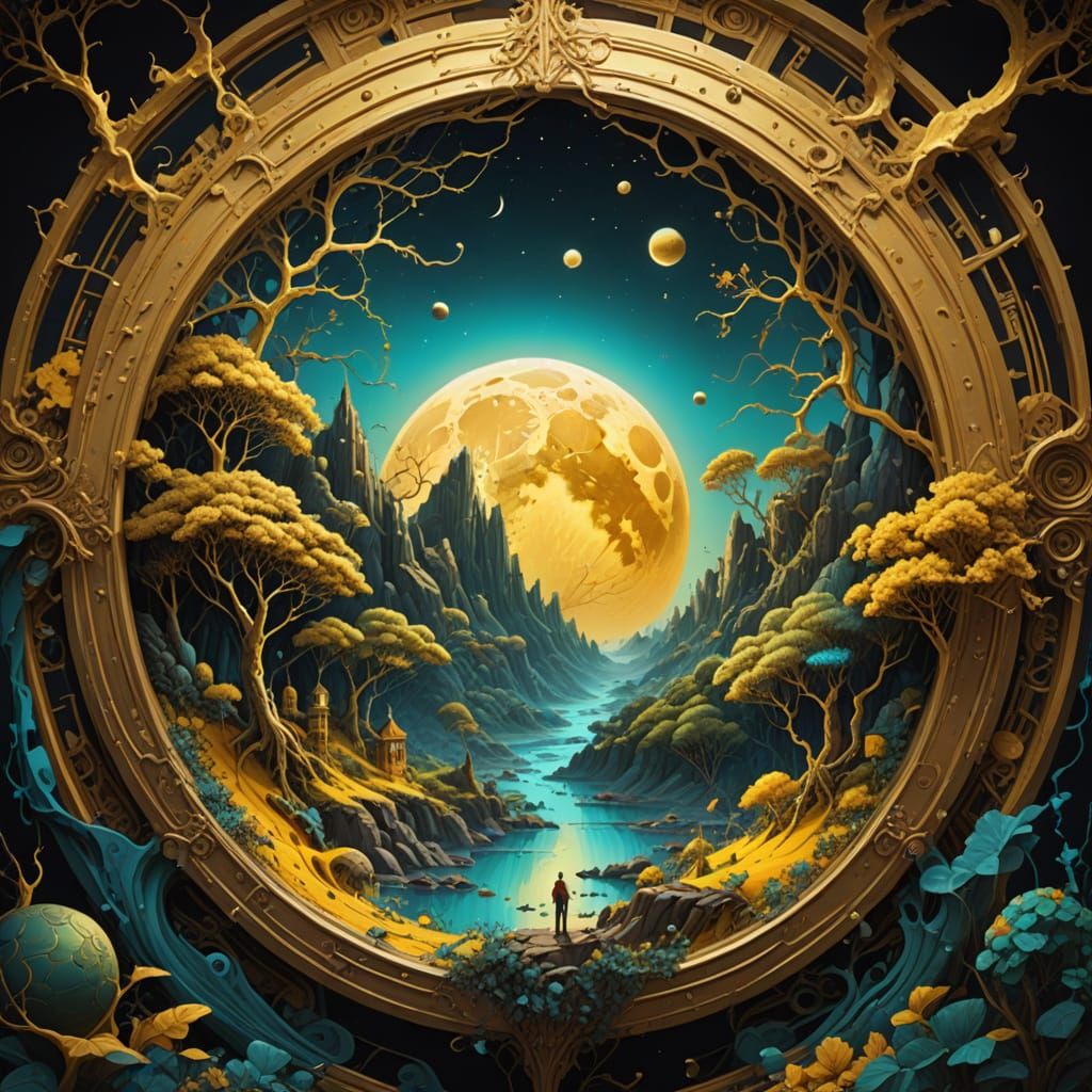 spherical arch glow gold ration moon in golden ratio", highly detailed mixed textured