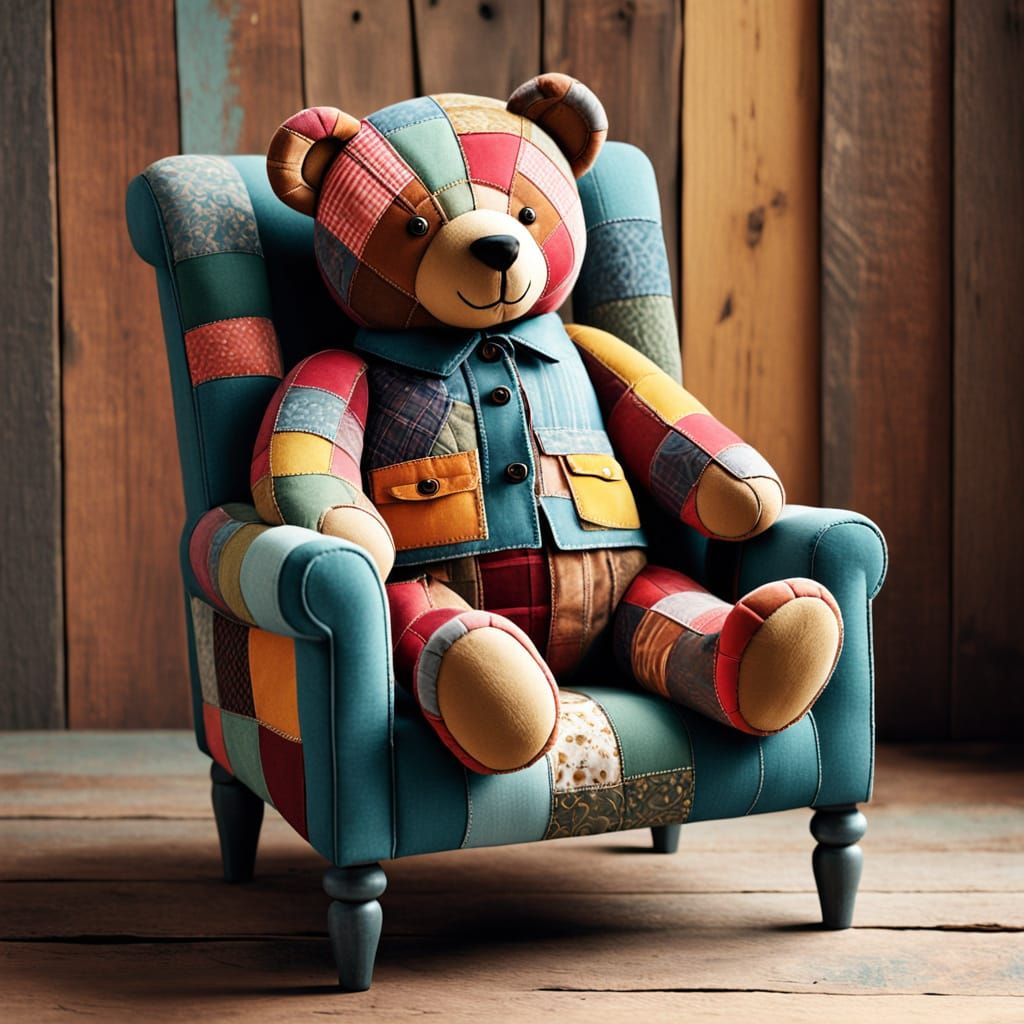 Vintage Folk Art Teddy Bear in Whimsical Patchwork Style