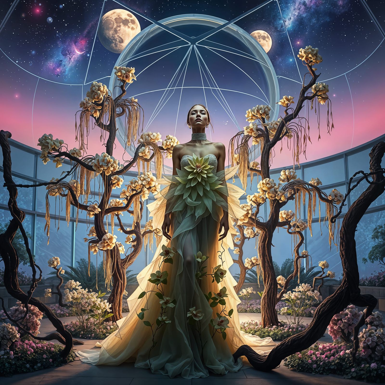 Model in Bioluminescent Greenhouse Cathedral