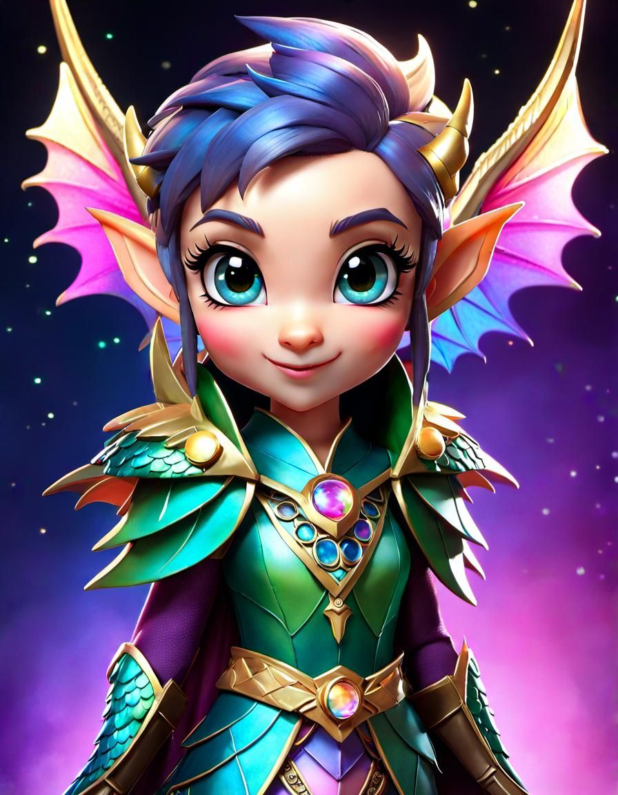 Charming Chibi Dragon Elf Portrait in Dark Fantasy Style