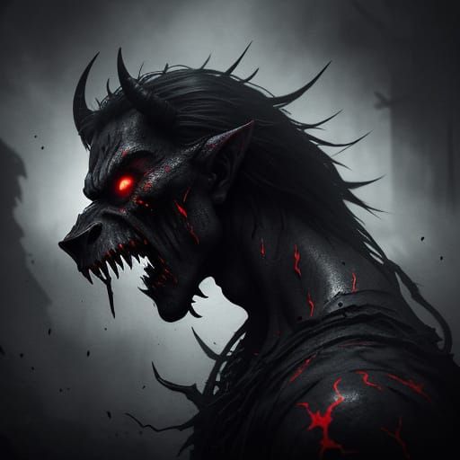 Dark Fantasy Demon Devouring Human in Ominous Mystical Realm