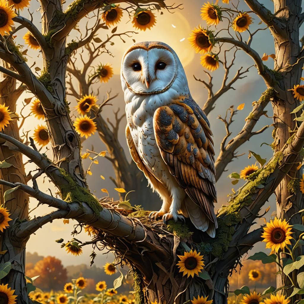 Barn Owl Nesting in Sunflower Field