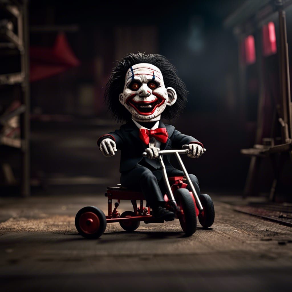 billy the puppet from the movie saw drifting on his tricycle in motion,