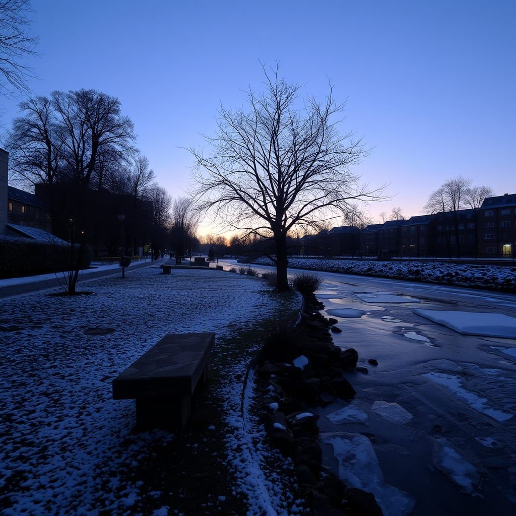 Frozen Stream Winter Evening Scene with Stone Bench