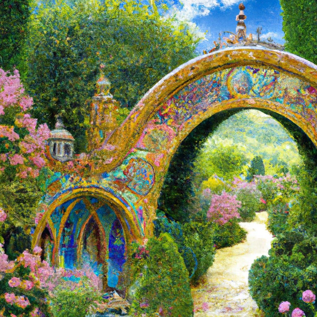 Paradise Gardens: Intricate Archways in Fantasy Art Style