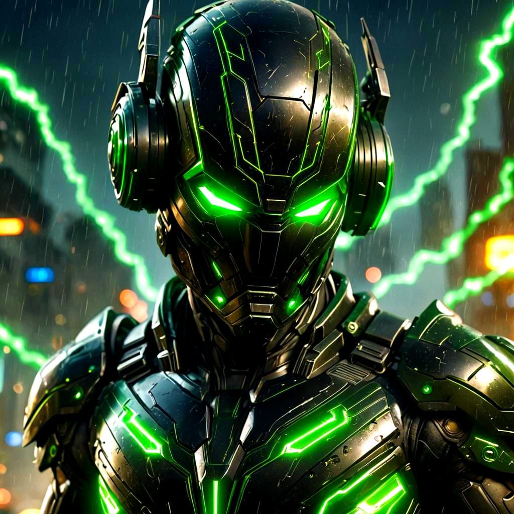 Cybernetic Superhero in Black Armor with Green Lights