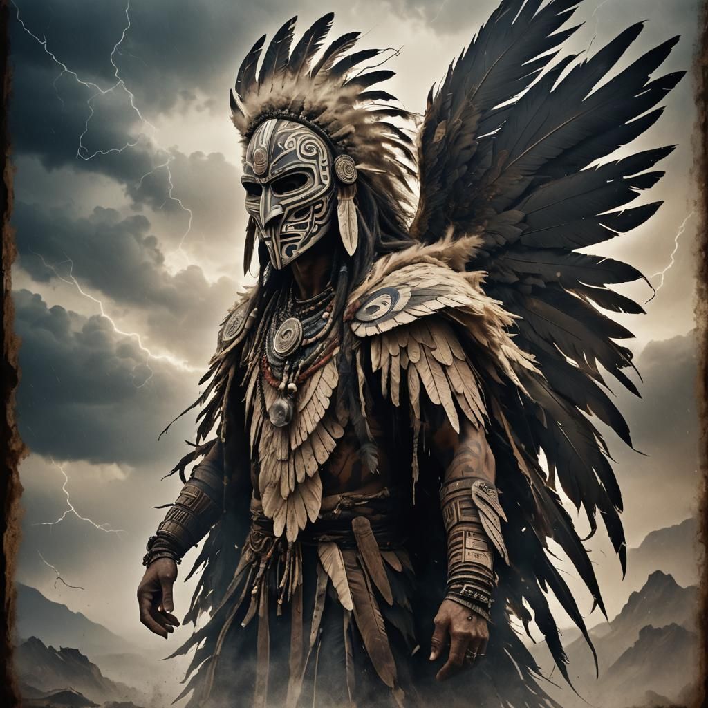 Tribal Tattooed Man in Storm with Thunderbird