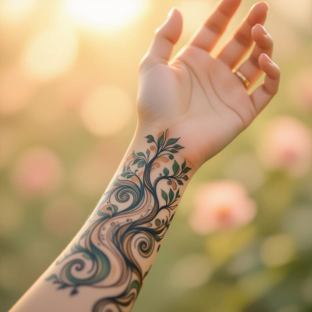 Enchanted Tree Tattoo on Wrist in Watercolor Style