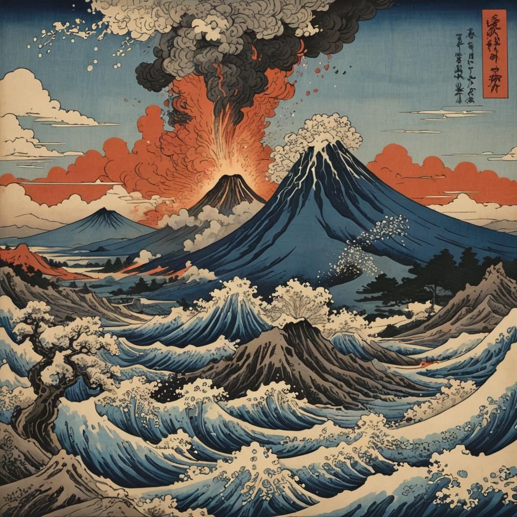 Art by Katsushika Hokusai, stylized depiction of a volcanic ...