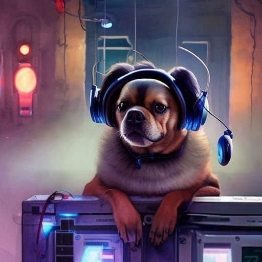 Dog DJ Mixing Music With Headphones