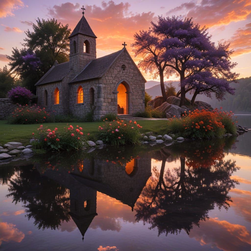 Ancient Lakeside Chapel at Sunset