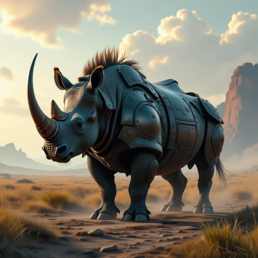 Armored Rhino-Horse in Dystopian Digital Matte Painting