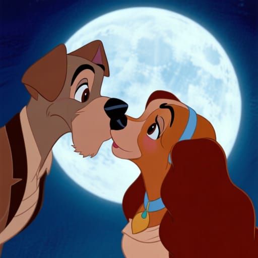 Lady and the Tramp Kissing Under Moonlight