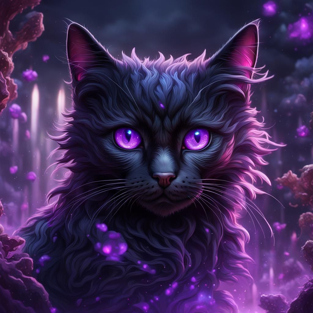 Purple-Eyed Black Cat: Detailed Fantasy Art