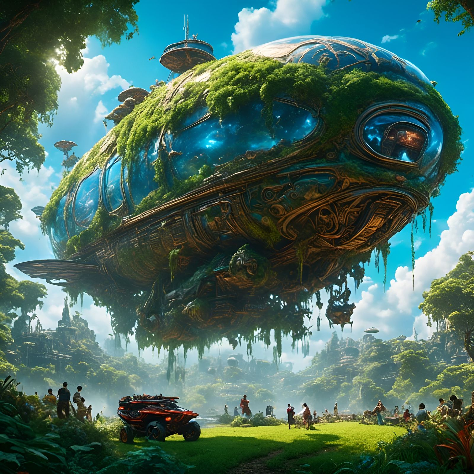 Gigantic Alien Airship Graffiti in Lush Garden