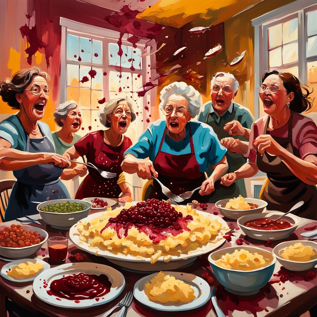 Thanksgiving Food Fight: An Expressionist Oil Painting