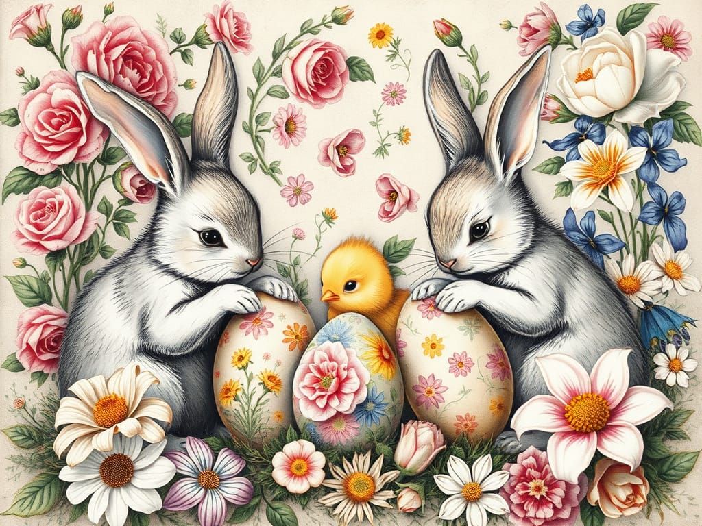 Bunnies Painting Floral Easter Eggs: Renaissance Charcoal Ar...