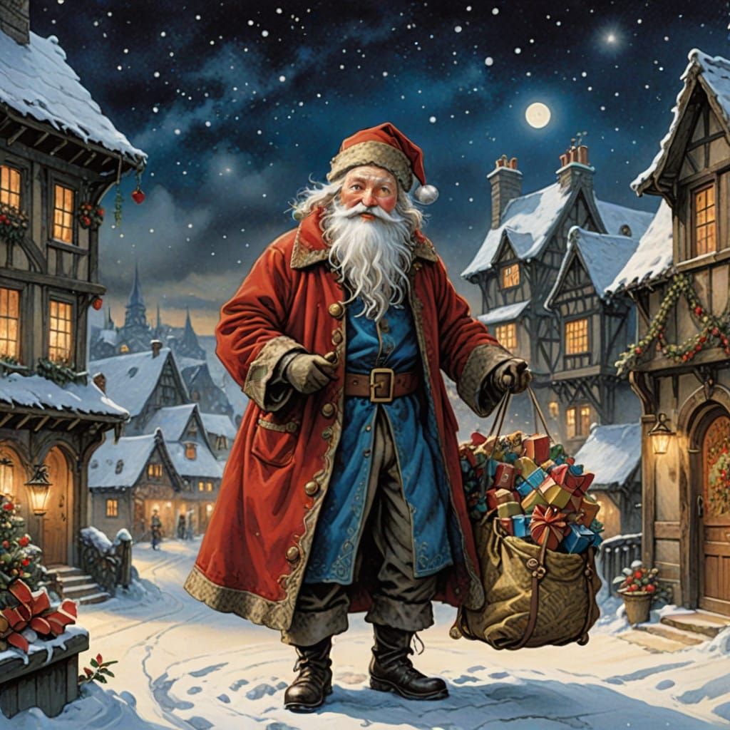 Jovial Father Christmas Surveys Snowy Rooftop with Enchanted...