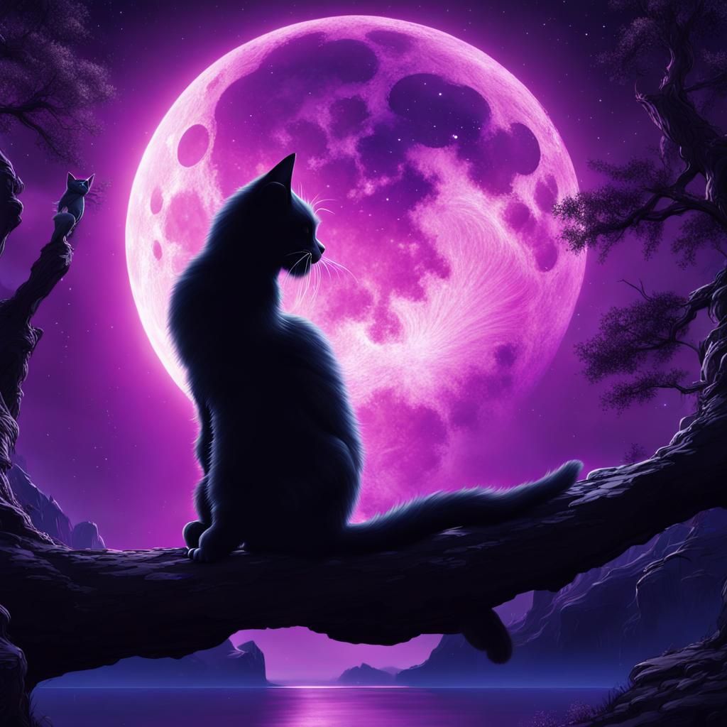 Cat Silhouette on Giant Moon, Fantasy Concept Art