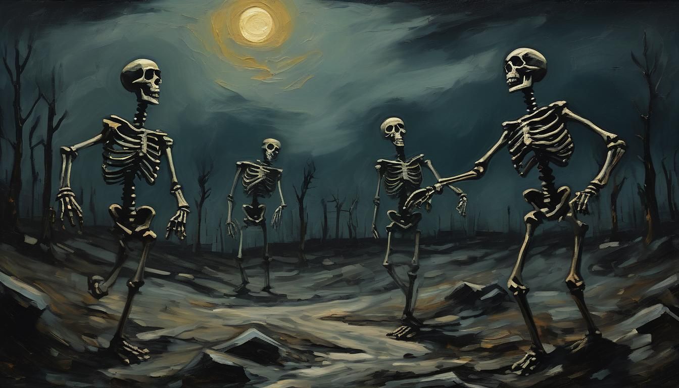 Eerie Skeletons Dance in Expressionist Oil Painting