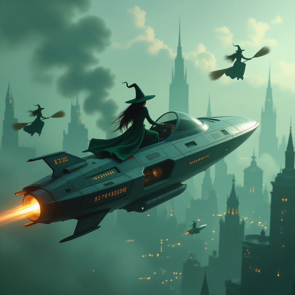 Sorceress in Spaceship with Witches in Dystopian City
