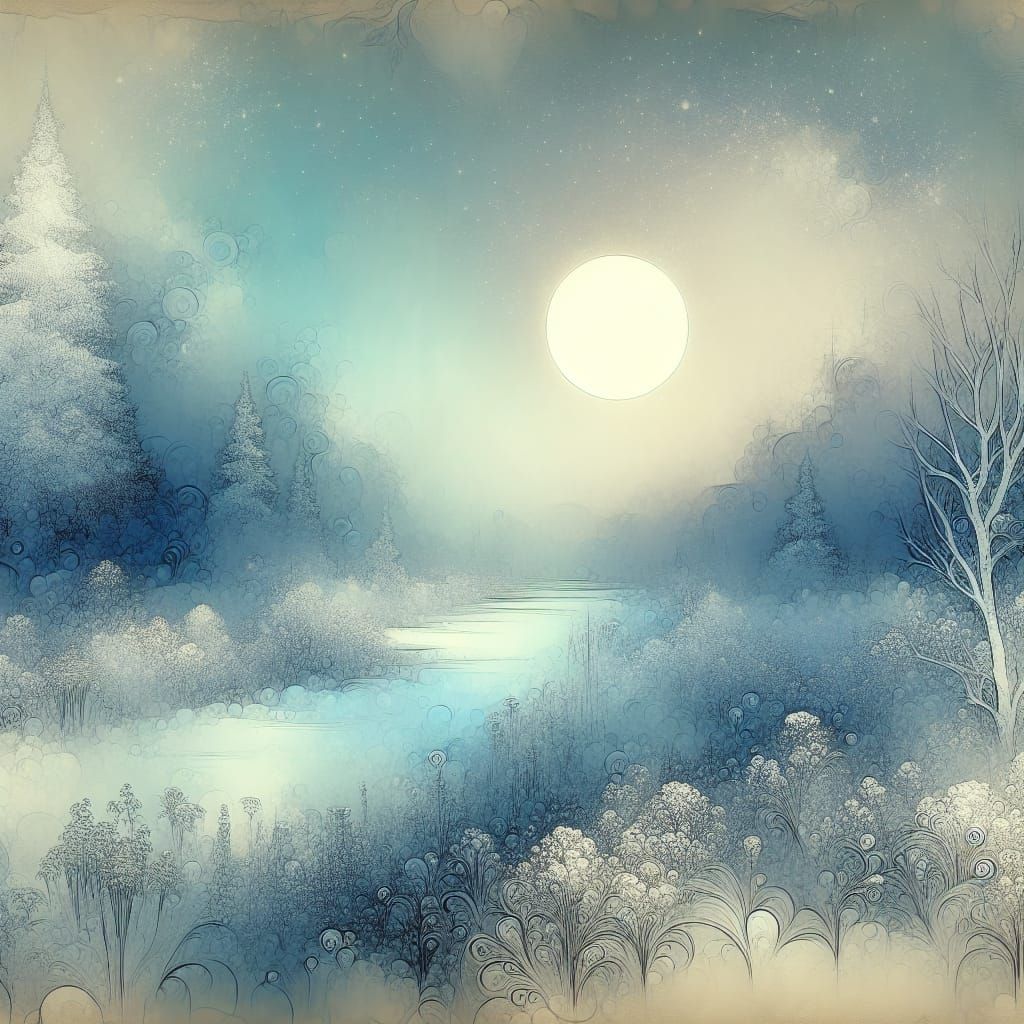 Dreamy Winter Landscape Under Pale Blue Sun