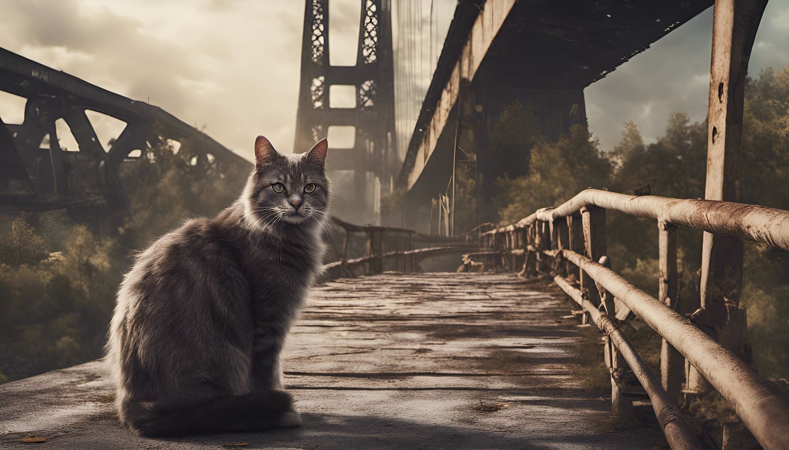 Post-Apocalyptic Cat on Bridge in 8K