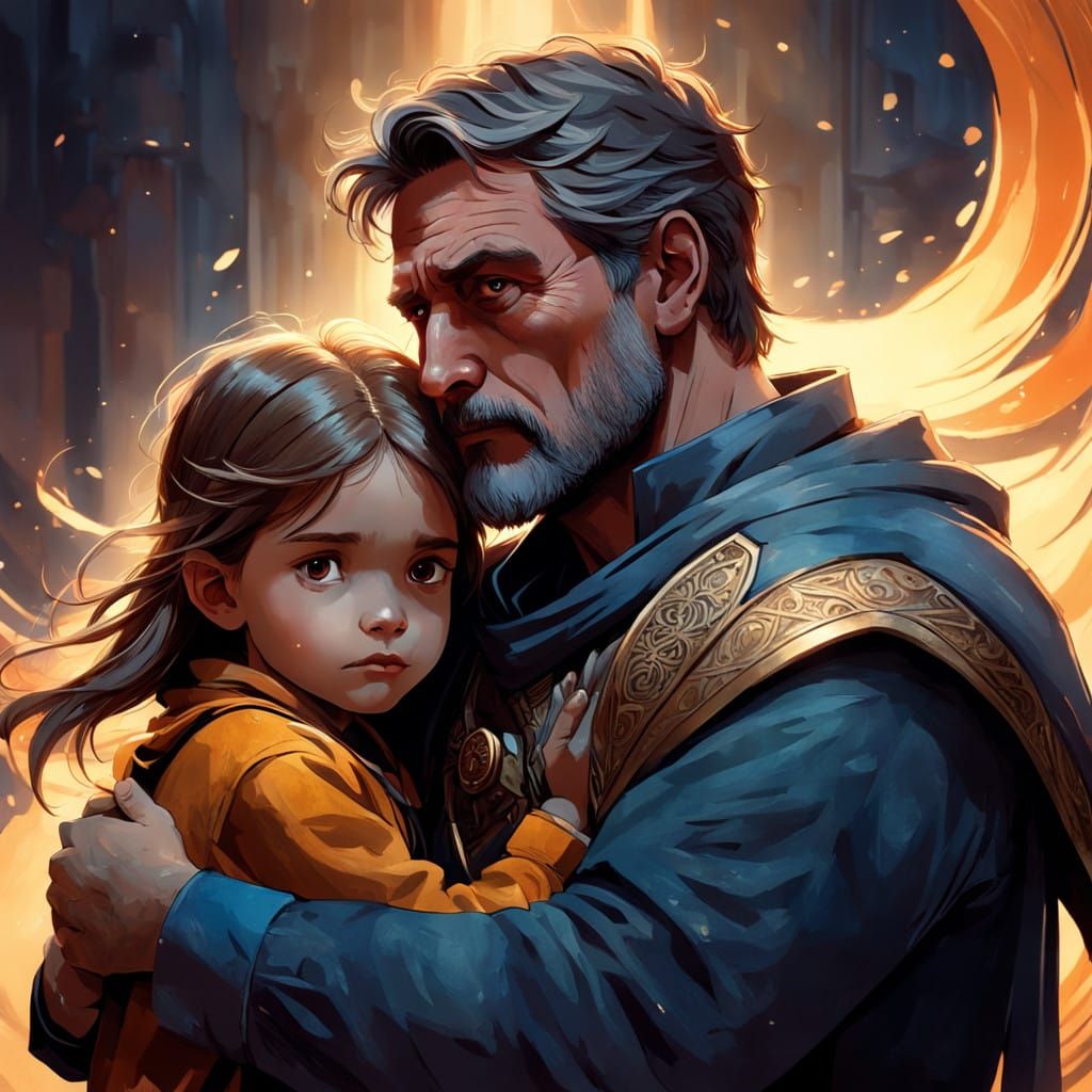 A Father's Protective Embrace in a Vibrant, Mystical Landsca...