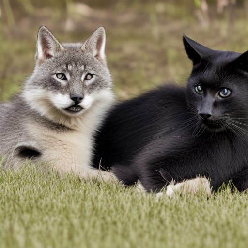 Black Cat and Wolf Cub Cuddle
