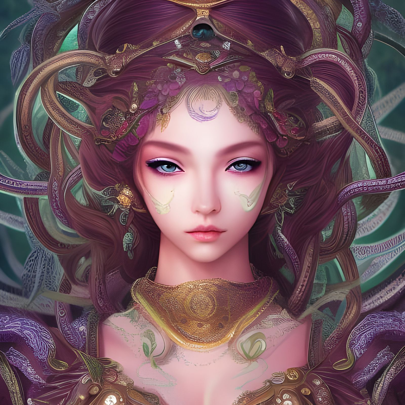 Anime Medusa Goddess in Pearlescent Outfit
