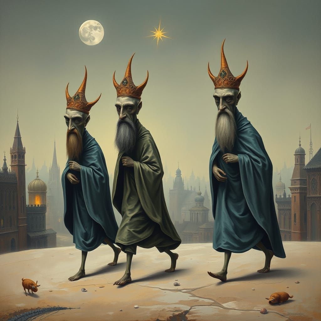 Surreal Oil Painting of Three Wise Men in a Dreamlike City