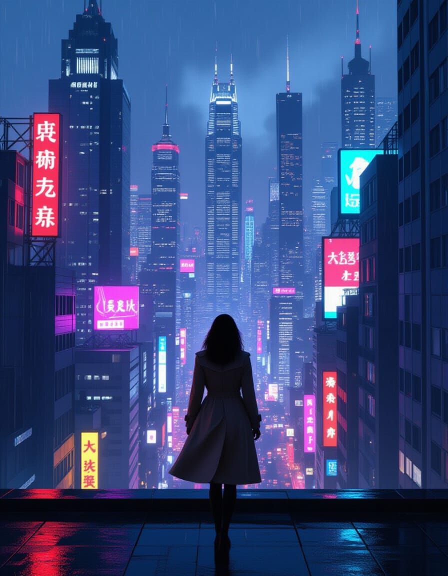 Woman on Rooftop Overlooking Neon Cityscape at Dusk