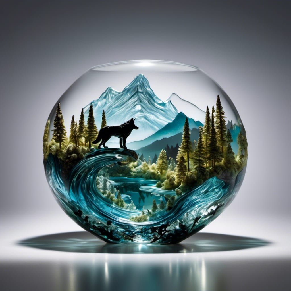 Glass Wolf Sculpture with Mountain Nature