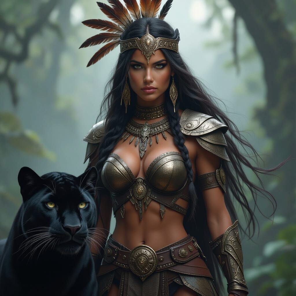 Amazon Warrior with Black Panther in Misty Forest