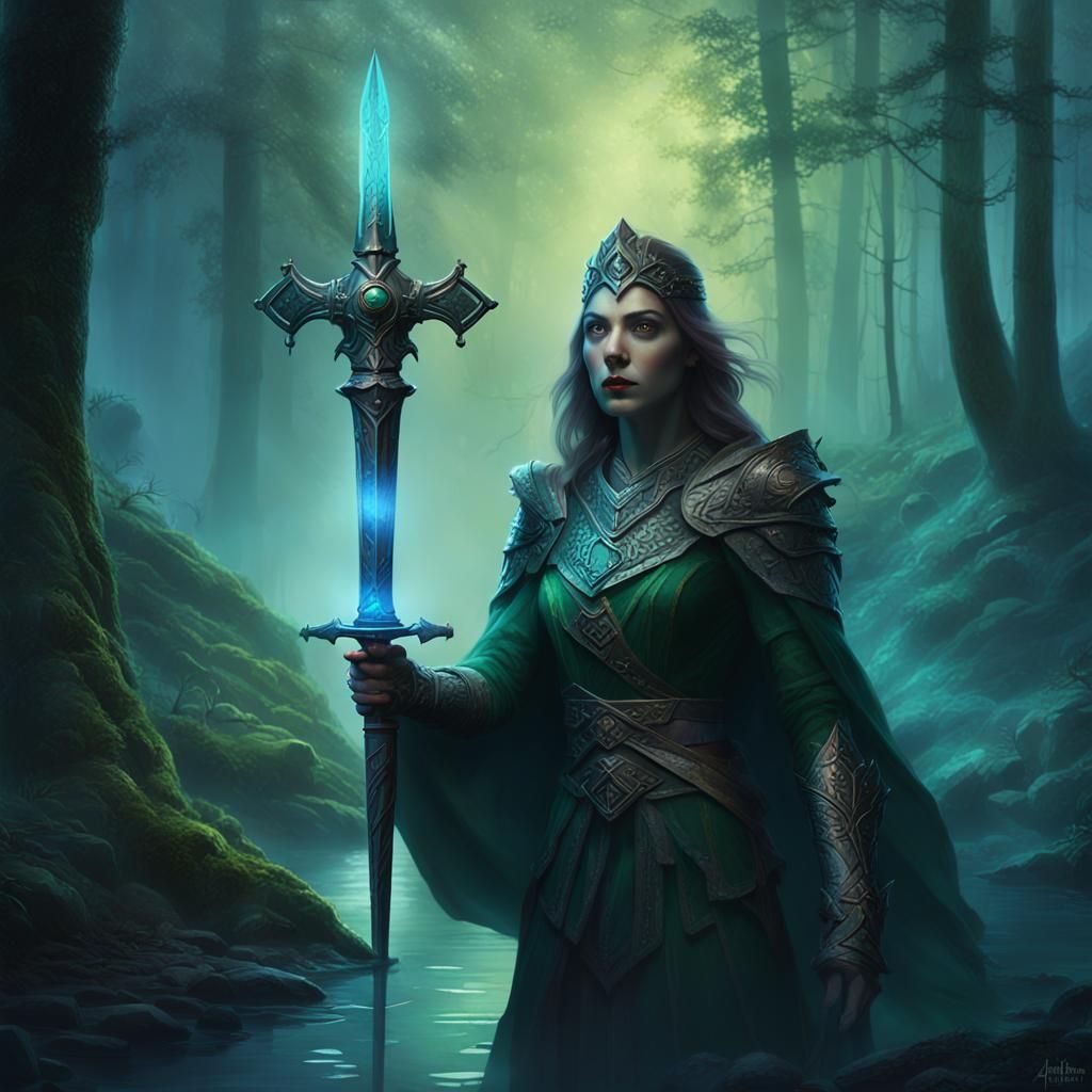 Lady of the Lake Wielding Excalibur in Art Nouveau Style