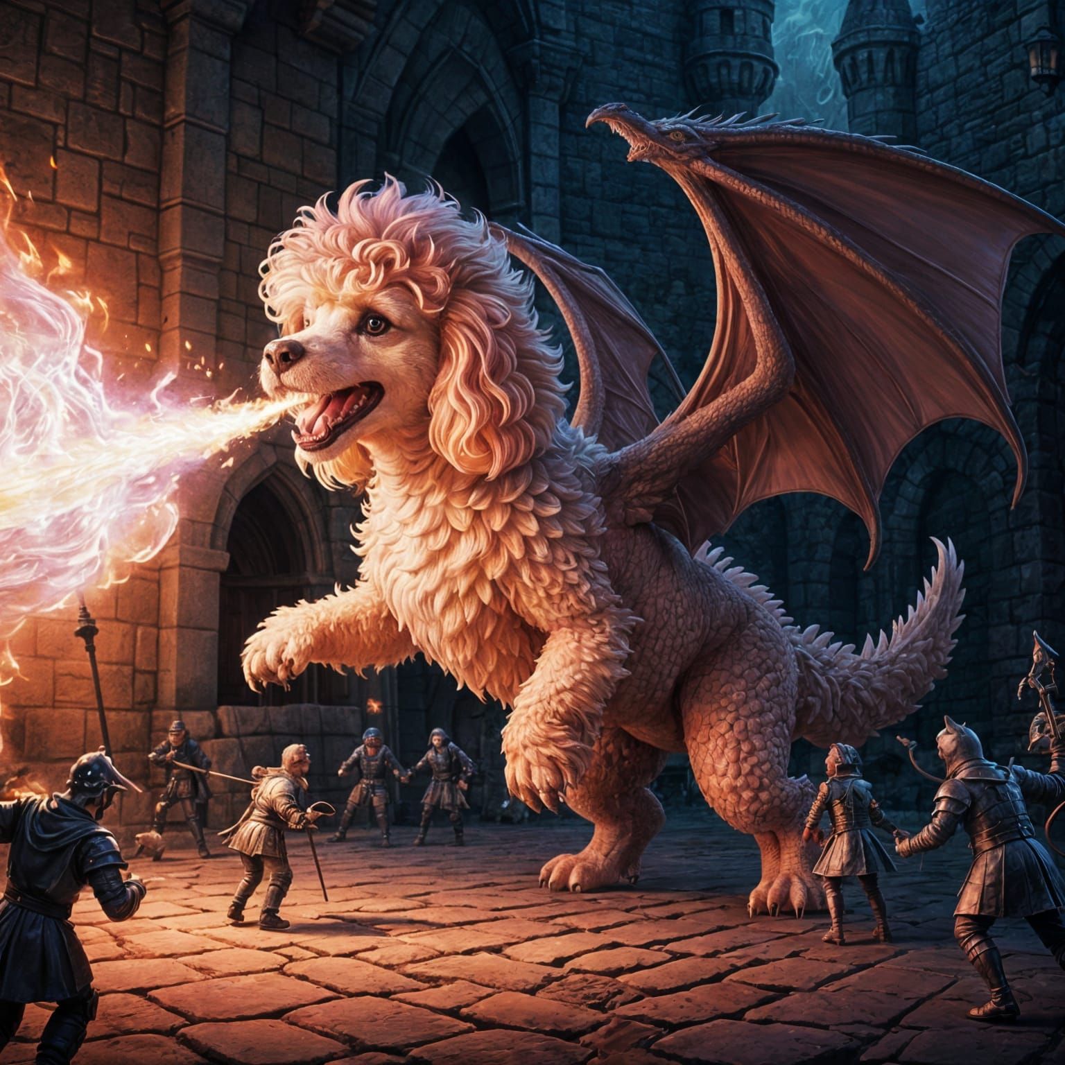 Winged Poodle Dragon Attacks Medieval Castle