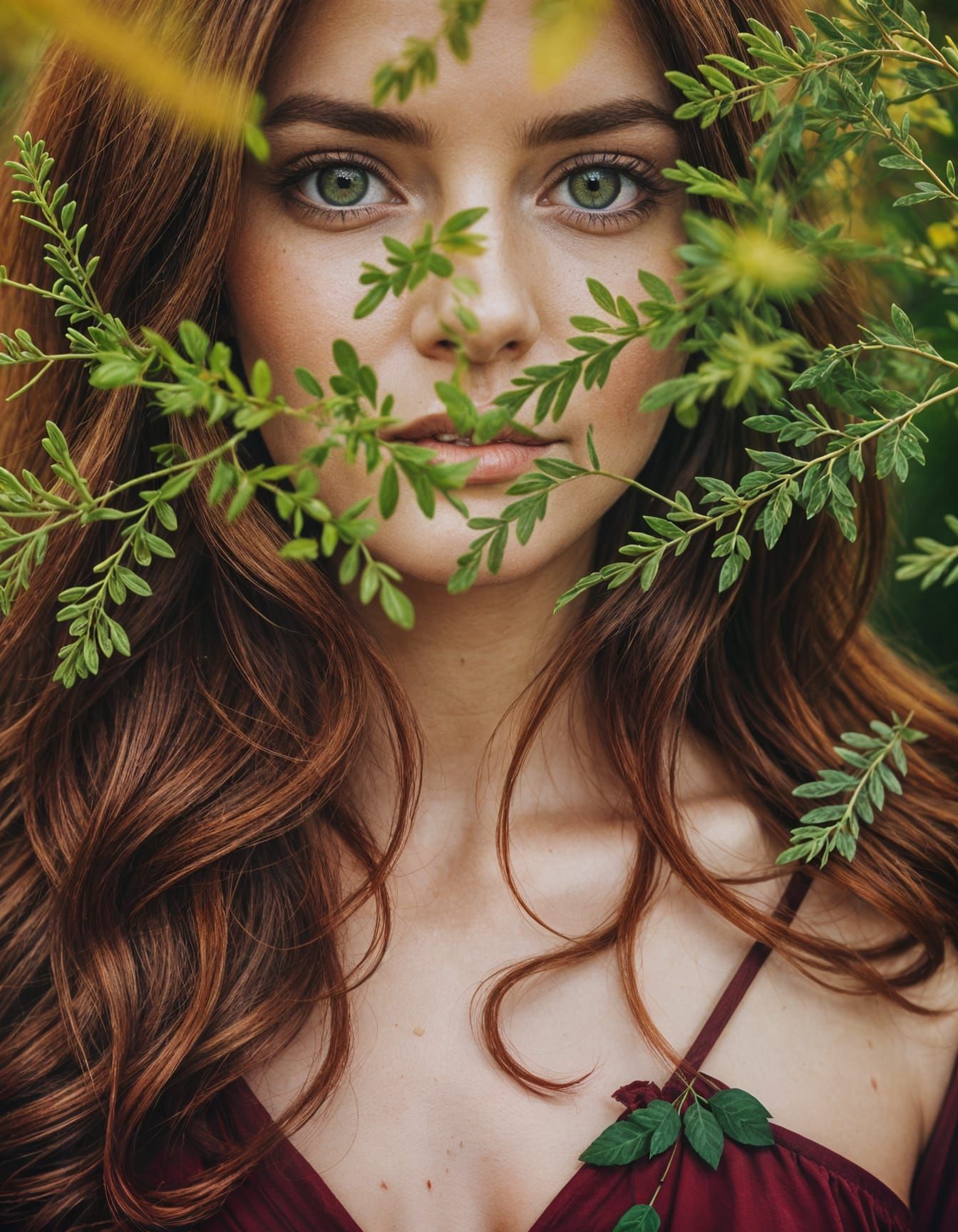 Auburn Haired Woman in Dark Green Forest