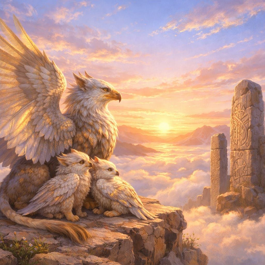 Celestial Griffins Greet Morning Sun on Cliff