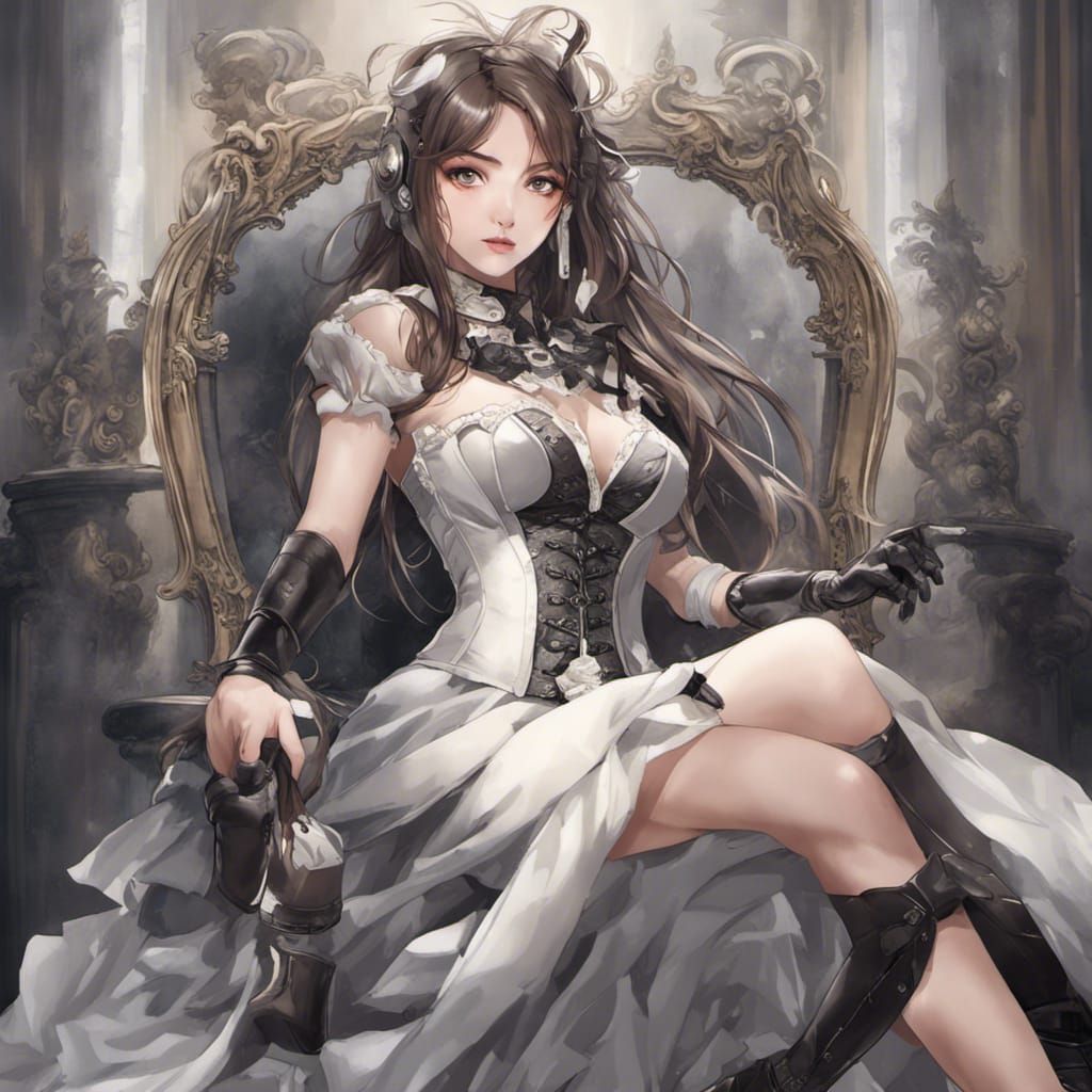 Steampunk Beauty in Corset Dress with Arm Gloves