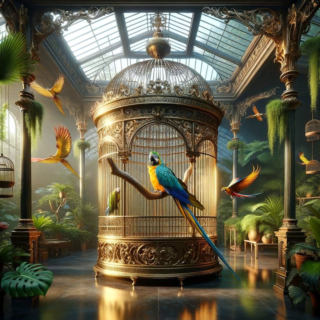 Blue-and-Gold Macaw in Ornate Brass Birdcage